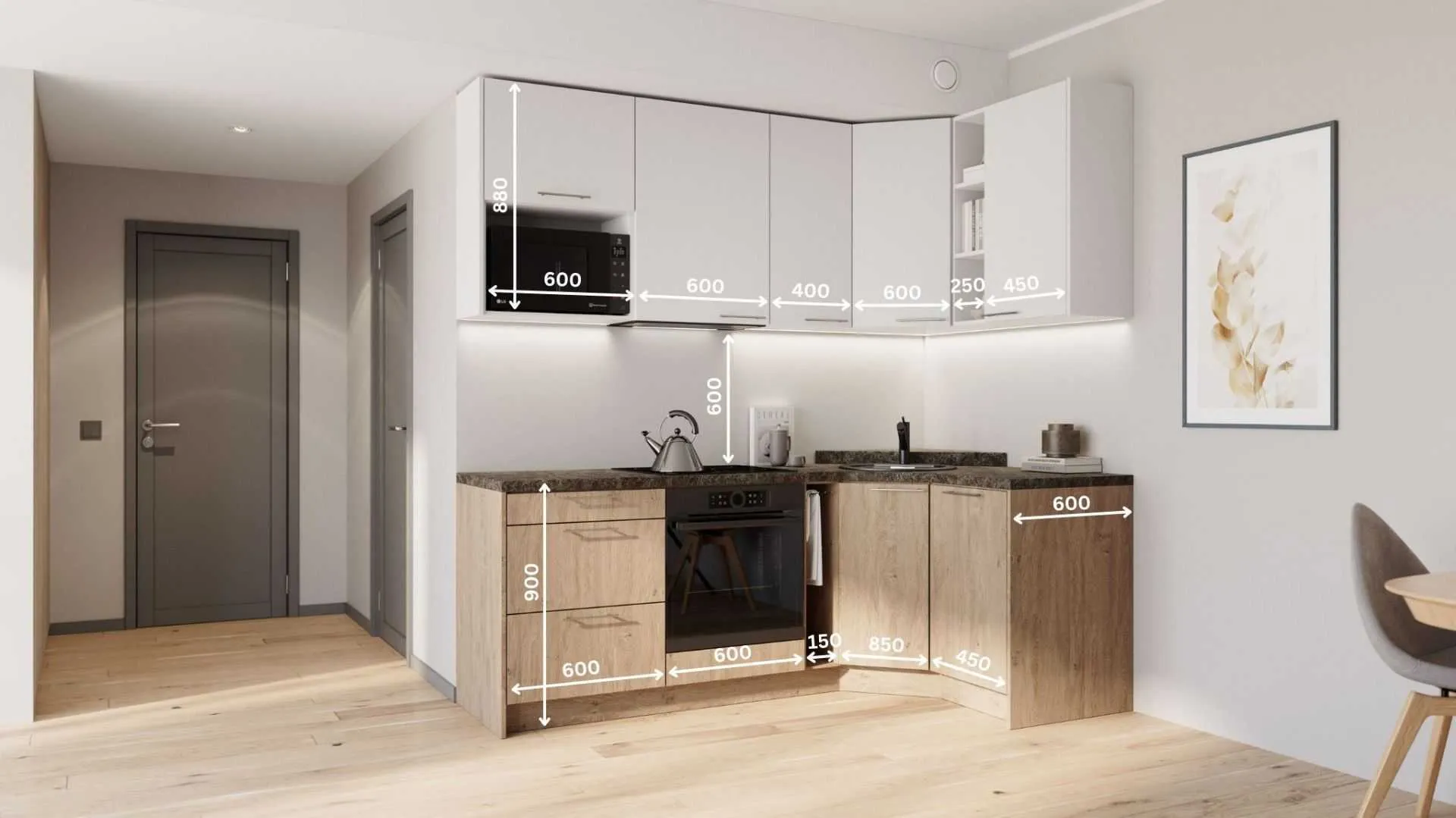 Elinda nurgaga köögikomplekt 132×222 cm